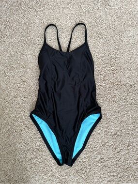 Zella Classic Black One-Piece Swimsuit Aqua Lining Smal